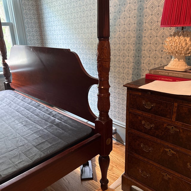 1980s Solid Mahogany Rice Carved Four Poster Queen Bed With Canopy Frame and Low-Profile Boxspring For Sale - Image 5 of 12