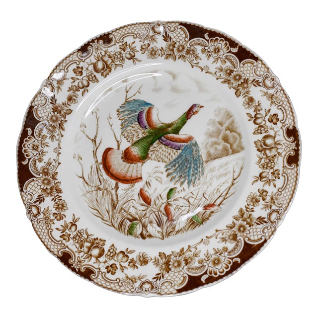 1950s Polychrome Wild Turkey Transferware Dinner Plate by Johnson Brothers England For Sale