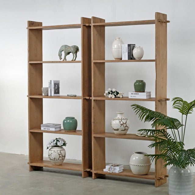 Farmhouse Vintage Tall Wooden Shelf – Weathered Natural Finish For Sale - Image 3 of 8