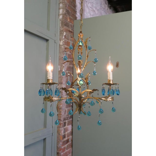 Turquoise Vintage French Turquoise Crystal and Tolewear Chandelier, 1920 For Sale - Image 8 of 9