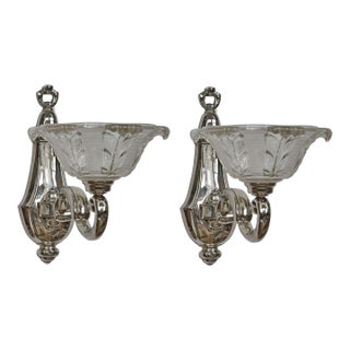 1930s French Art Deco Petitot & Ezan Nickeled Bronze Floral Frosted Glass Wall Sconces - A Pair For Sale