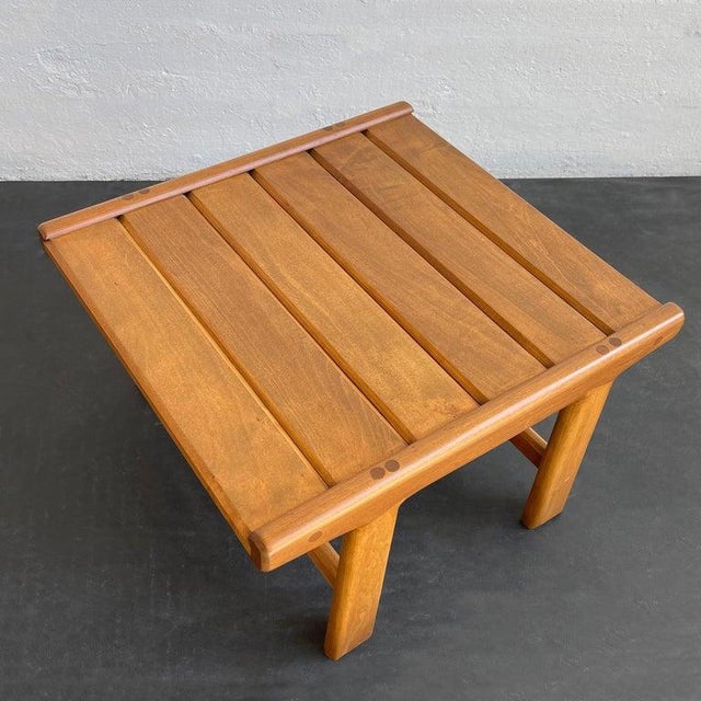 Tan 1970s Hand Crafted Slat Elm Wood Side Table Ottoman For Sale - Image 8 of 9