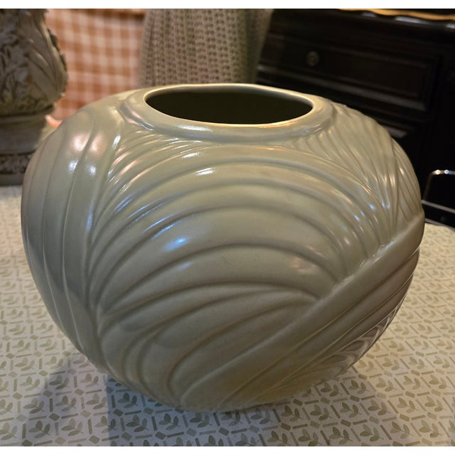 Vintage Japanese Ceramic Vase With Seafoam Celadon Glaze and Swirl Pattern. Unique mid-century modern green vase with lots...