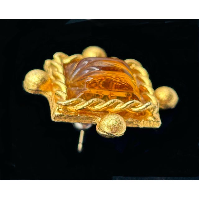 Modern Gerard Yosca Amber Glass Gold Toned Pierced Earrings Signed Vintage For Sale - Image 3 of 6