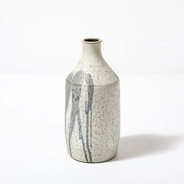 1960s Mid-Century Modernist Ceramic Vase in Light Grey W/ Muted Blue Drip Detailing For Sale - Image 5 of 12