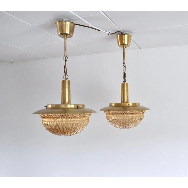 Mid-Century Modern Mid-Century Danish Glass and Brass Chandeliers by Vitrika, Set of 2 For Sale - Image 3 of 17