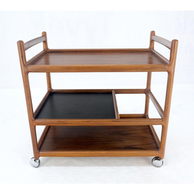 Danish Mid Century Modern Solid Rosewood 3 Tier Serving Bar Cart Bottles Compart For Sale - Image 12 of 12