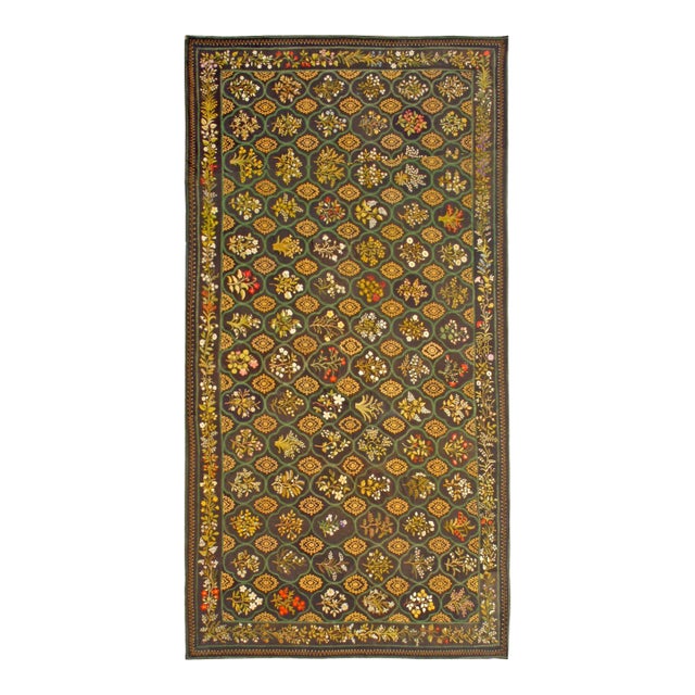 1890s Black Floral Geometric Antique English Needlework Rug 10'6" X 18'10" Stitched Wool Carpet For Sale