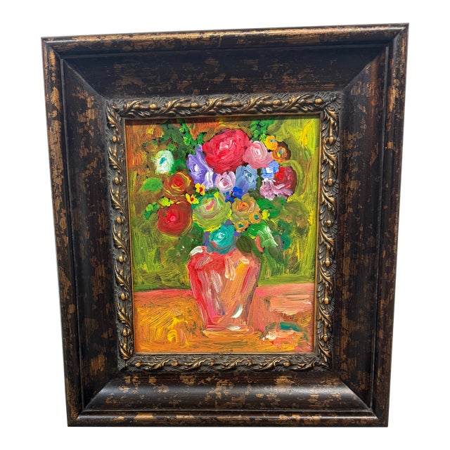 Impasto Flower Bouquet Painting, Framed For Sale