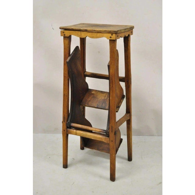 Antique French Provincial Country Oak Wood Folding Library Step Ladder. Item features remarkable patina, fold out steps,...