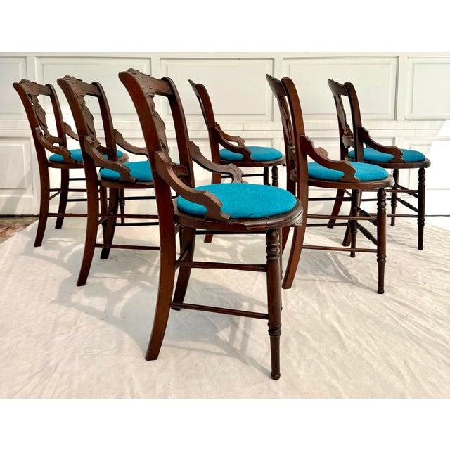 Set of 6 Antique Victorian Eastlake Walnut Dining Chairs With Burled Shield Backs For Sale - Image 9 of 15