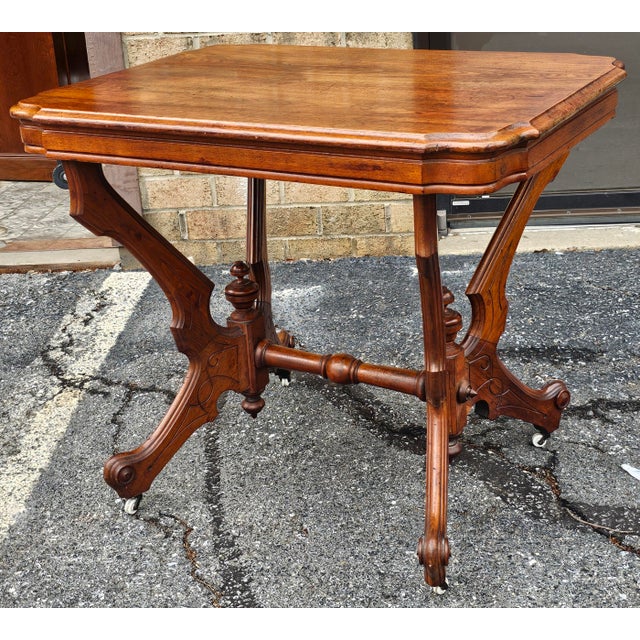 Victorian 19th Century Victorian Rococo Style Walnut Rolling Center Table For Sale - Image 3 of 9