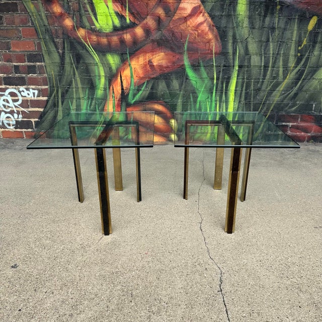 Pair of Glass and Brass and Smoked Chrome Solid Steel Side Tables For Sale - Image 12 of 12