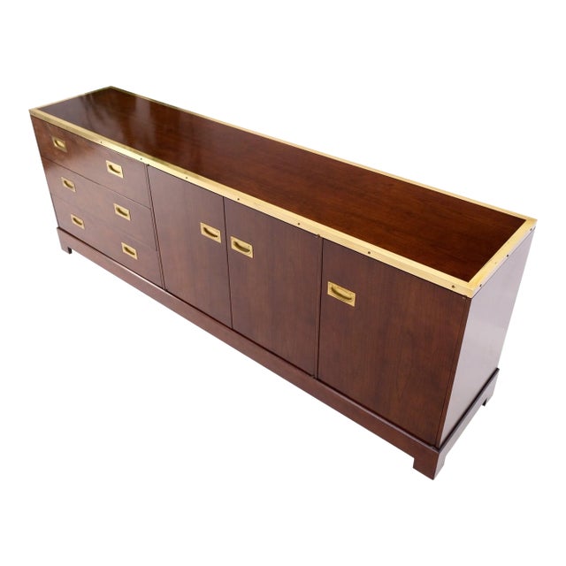 Campaign Style Brass Walnut Mid Century Drawers Doors Compartment Long Credenza For Sale