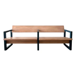Mid-Century Modern Dutch Parana Pine and Blue Painted Steel Hoeksteen Pew by Gerrit Rietveld, 1963 For Sale