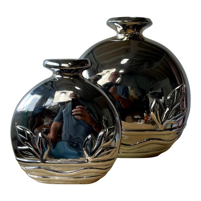 Pair of Dolbi Cashier Art Deco Revival Gunmetal Metal Vases, Korea, 1980s For Sale