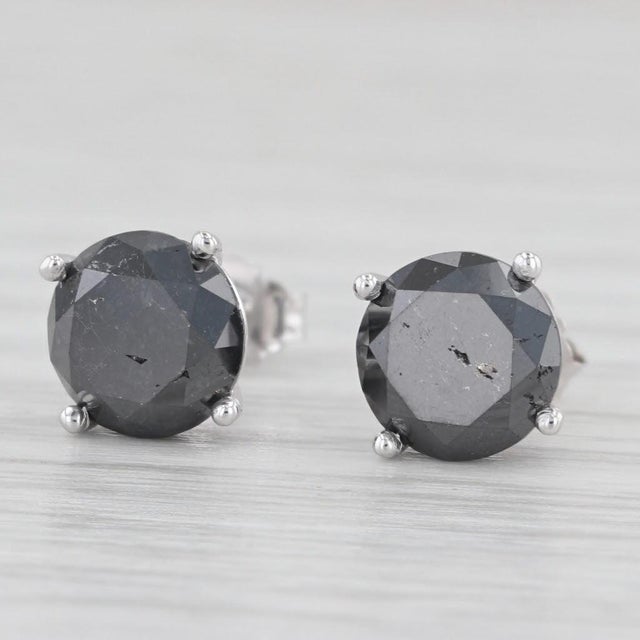 Art Deco New 3.47ctw Black Diamond Stud Earrings 14k White Gold Round Solitaires - 2 Pieces For Sale - Image 3 of 6