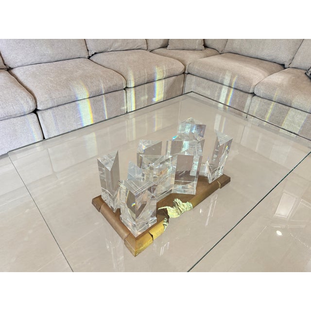Exceptional signed Jeffrey Bigelow sculptural coffee table, circa 1992. Features a dramatic arrangement of thick, faceted...