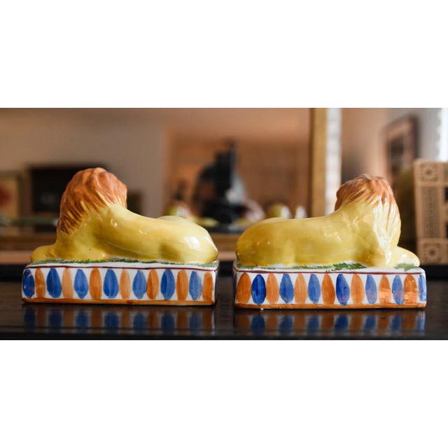 Original Pair of Antique Staffordshire Recumbent Lion Figurines on Striped Rectangular Plinths- Set of 2 For Sale In Washington DC - Image 6 of 9
