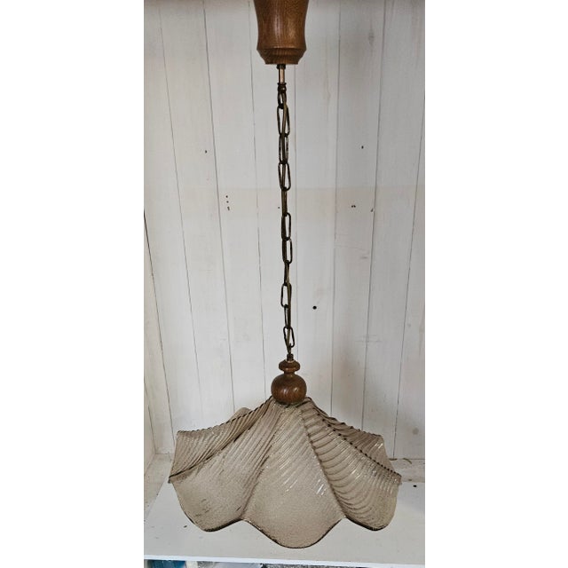 Vintage Ceiling Lamp with Relief Glass Shade on Oak Wood Mount and Brass Chain, 1970s For Sale - Image 4 of 9