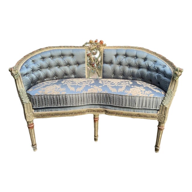 1950s French Louis XVI Gilt Beech Blue Damask Settee For Sale