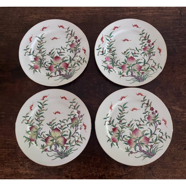 Japanese Vintage Japanese Porcelain Famille Rose Peach & Bat Plates - Set of 4 (10.25") For Sale - Image 3 of 11