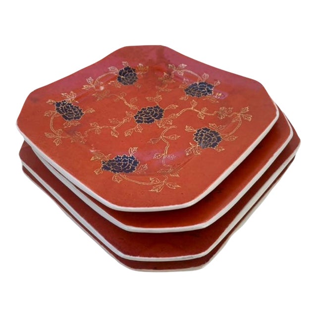 1970s Neiman Marcus Octagonal Hand-Painted Dessert Plates in Burnt Orange, Navy & Gold For Sale