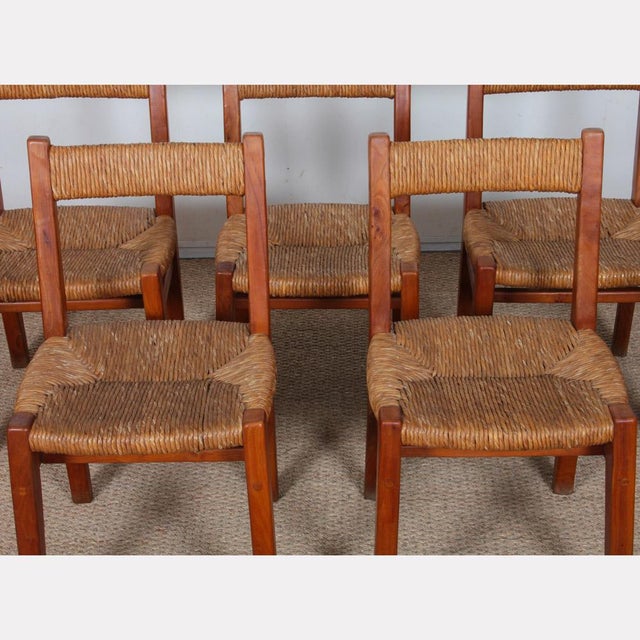 1950s Vintage French Straw-Seated Chairs in Elm, 1950, Set of 6 For Sale - Image 5 of 11