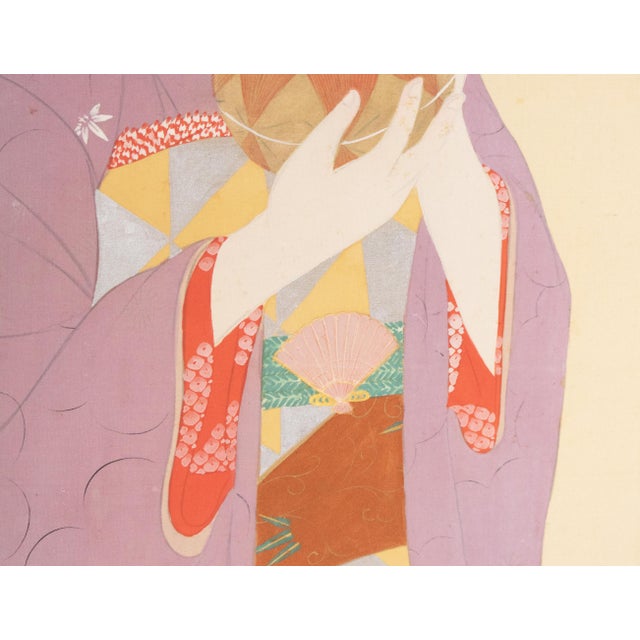 Violet "Beautiful Woman" by Gyokukajo, Japanese Silk Scroll Painting in Original Wooden Case For Sale - Image 8 of 18