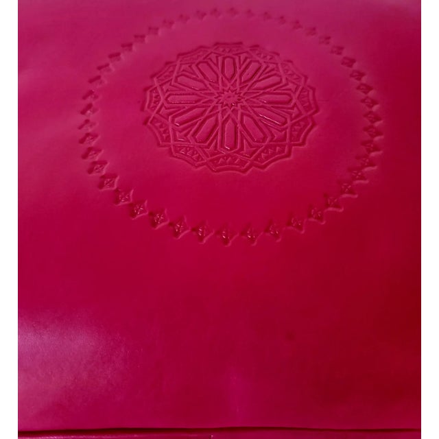 Handcrafted Moroccan Camel Saddle, Genuine Leather Cushion Stool / Pink For Sale - Image 4 of 10