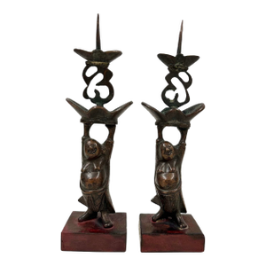 Early 20th Century Chinese Pair of Bronze Happy Buddha Candle Holders