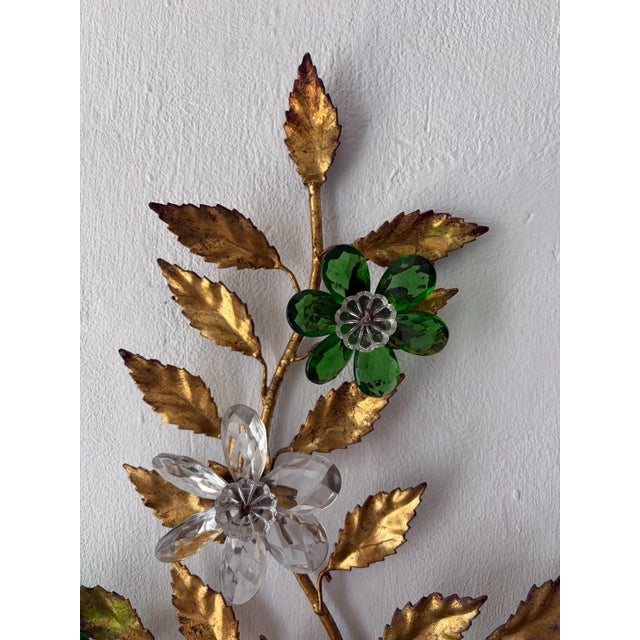 1940s Maison Baguès Style 3 Lights Green Crystal Flowers Tole Bow Sconces, Circa 1940 For Sale - Image 5 of 13