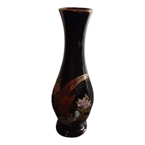1950s Vintage Black Toyo Japanese Pheasant Decorative Vase
