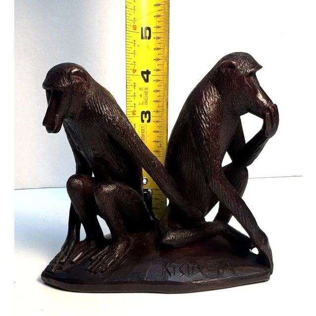 Vintage African Folk Art 2 Hand Carved Wooden Monkeys Figurine For Sale - Image 10 of 10