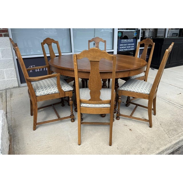 American 7 Piece j.b. Van Sciver Co. Refinished Antique Oak Round Dining Set With Two Leaves For Sale - Image 3 of 18
