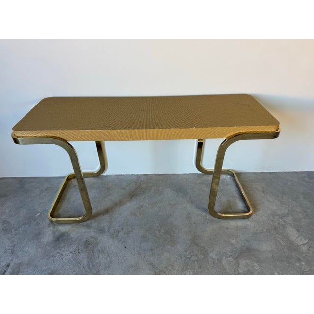 Wood 1980's Postmodern Beige Grasscloth and Brass Legs Sofá Consolé Table For Sale - Image 7 of 12