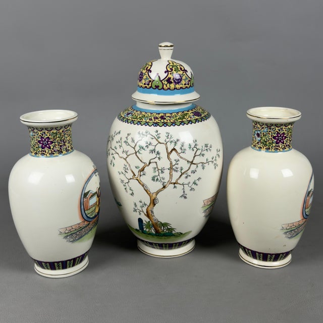A splendid decorative triptych celebrating the tradition of Eastern painting. This set, consisting of a central vase with...