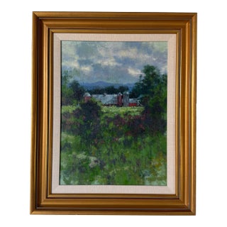 Vintage Impressionist Red Farm Landscape Oil on Board Painting – Signed, Wood Framed For Sale