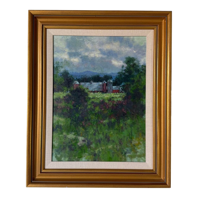 Vintage Impressionist Red Farm Landscape Oil on Board Painting – Signed, Wood Framed For Sale