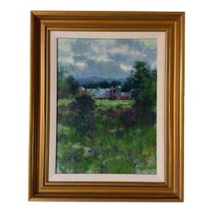 Vintage Impressionist Red Farm Landscape Oil on Board Painting – Signed, Wood Framed