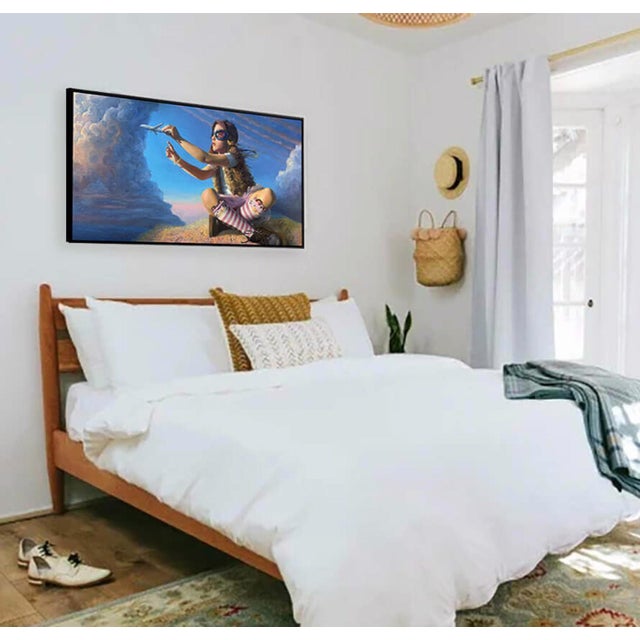 Contemporary Cruising Altitude by Denise Dambrackas | Acrylic & Oil on Panel Girl playing with a toy airplane in a sky setting. For Sale - Image 3 of 5