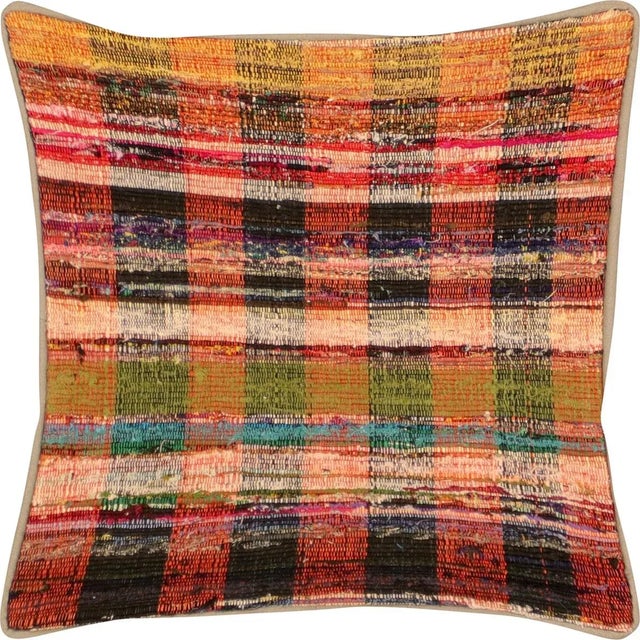 1960s Turkish Rag Pillow. Sewn with fragments of vintage hand made Anatolian cotton & linen kilims. Fiber fill. 523124