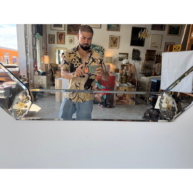 Gold Vintage Italian Venetian Style Octagonal Beveled Glass Wall Mirror With Etched Floral Accents For Sale - Image 8 of 17