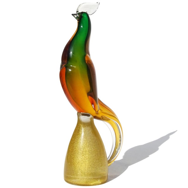Mid-Century Modern Vintage Murano Sommerso Orange Green Gold Flecks Italian Art Glass Tall Pheasant Bird Figure Sculpture For Sale - Image 3 of 7