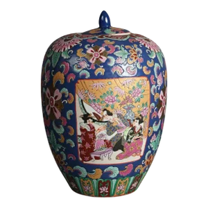 Chinese Enameled Porcelain Lidded Jar with Genre Scene & Garden Flowers, Early 20th Century