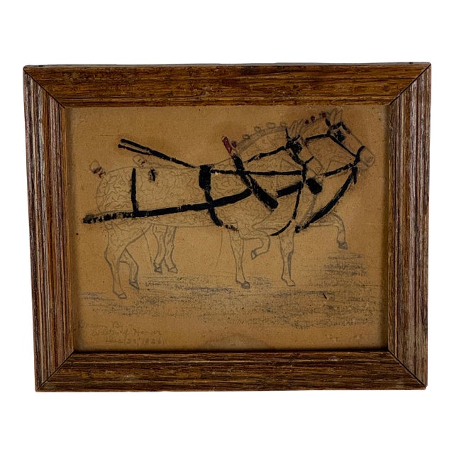 Marvelous Framed Original Hand Drawing of Pair of Carriage Horses, Signed, Circa 1926 For Sale