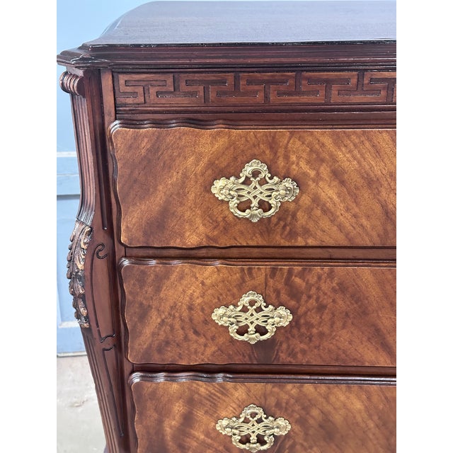 1940s Antique Chest of Drawers With Book Matched Flame Mahogany Veneer and Original Brass Hardware For Sale - Image 5 of 11