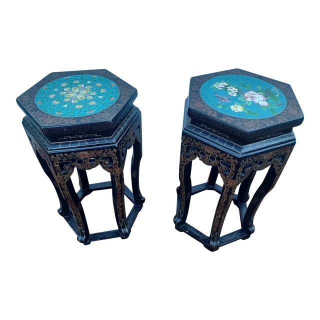 Early 20th Century Pair of Antique Black Lacquer and Cloissone Topped Asian Side Tables For Sale