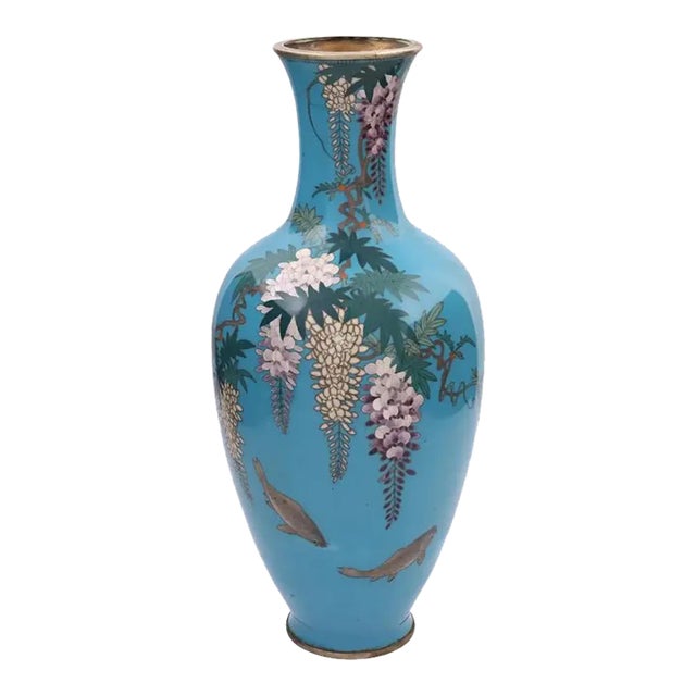 Late 19th Century Japanese Closionne Enamel Vase With Wisteria and Fish Signed For Sale
