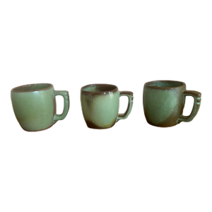 Vintage Mid-Century Green Drip Glaze Frankoma Stoneware Mug Set – Set of 3